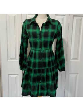 Blooming Jelly Green and Black Plaid Shirt Dress with Pockets
